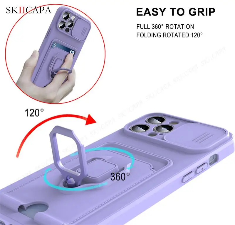 Compact Crossbody Wallet Case with Slide Lens Cover and Stand Holder