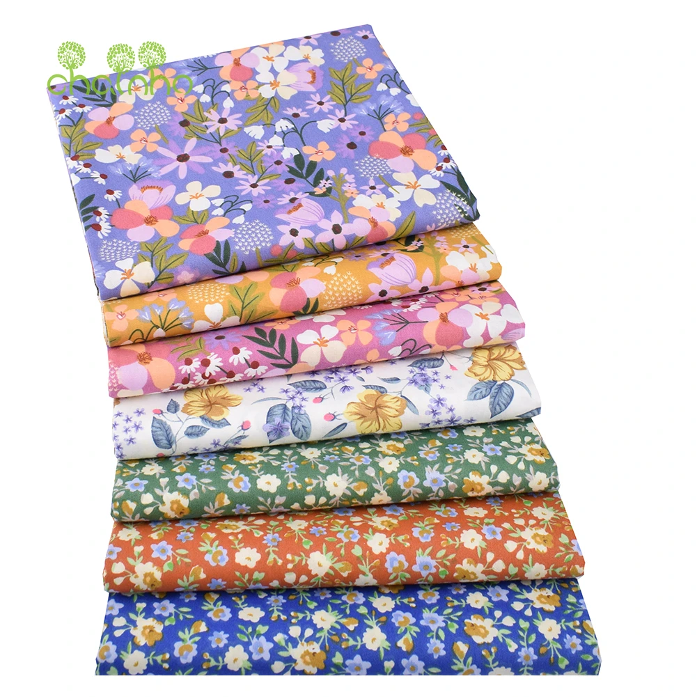 Chainho,Printed Twill Weave Cotton Fabric,DIY Sewing Quilting Material,Patchwork Series,7 Designs Floral Series,2 Sizes,15C355