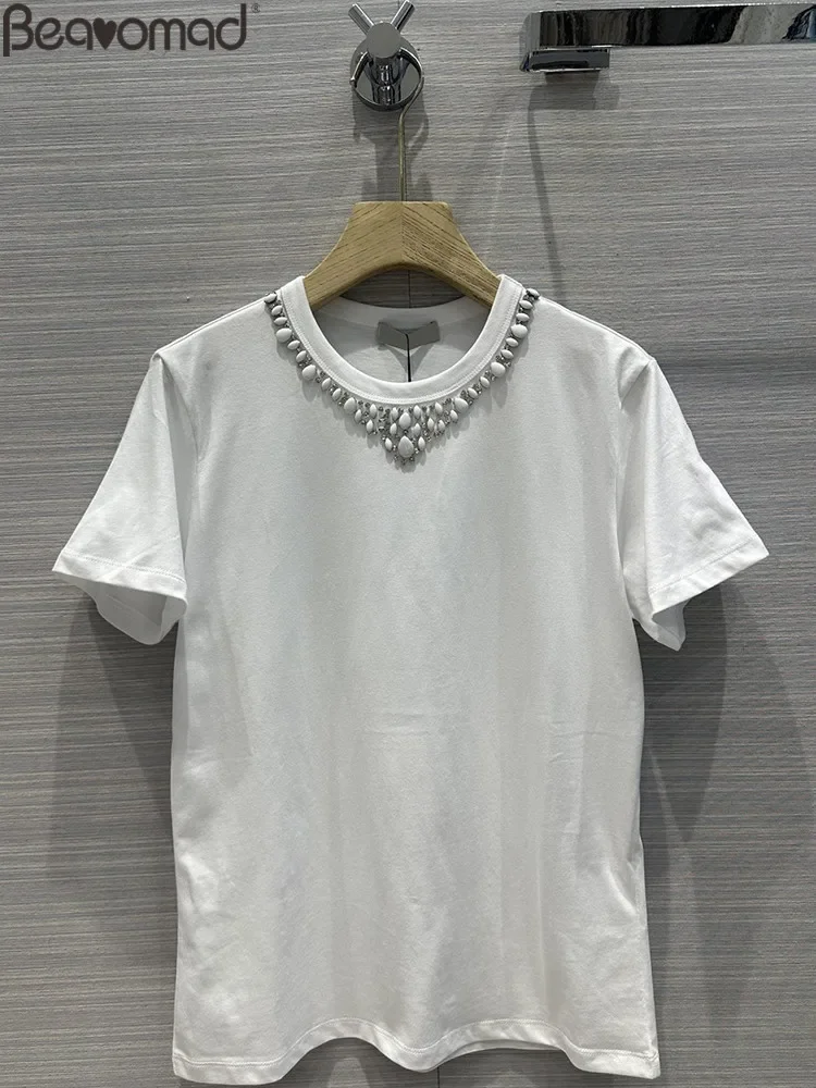 

Женская футболка с круглым вырезом, однотонная модная дизайнерская белая Повседневная футболка с коротким рукавом и бисером, лето