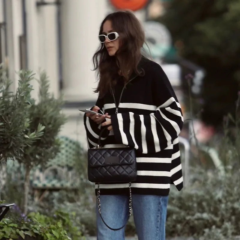 Autumn and winter new black and white striped semi-turtleneck zipper 100% cashmere  sweater coat women's loose lapel sweater - AliExpress