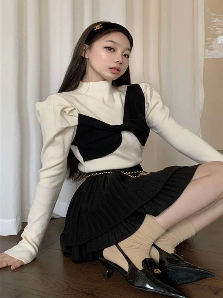 

Bowknot Patchwork Jumper Women 2023 Spring Autumn Vintage 2000s Slim Fit Sweater Harajuku Y2k Long Sleeve Top