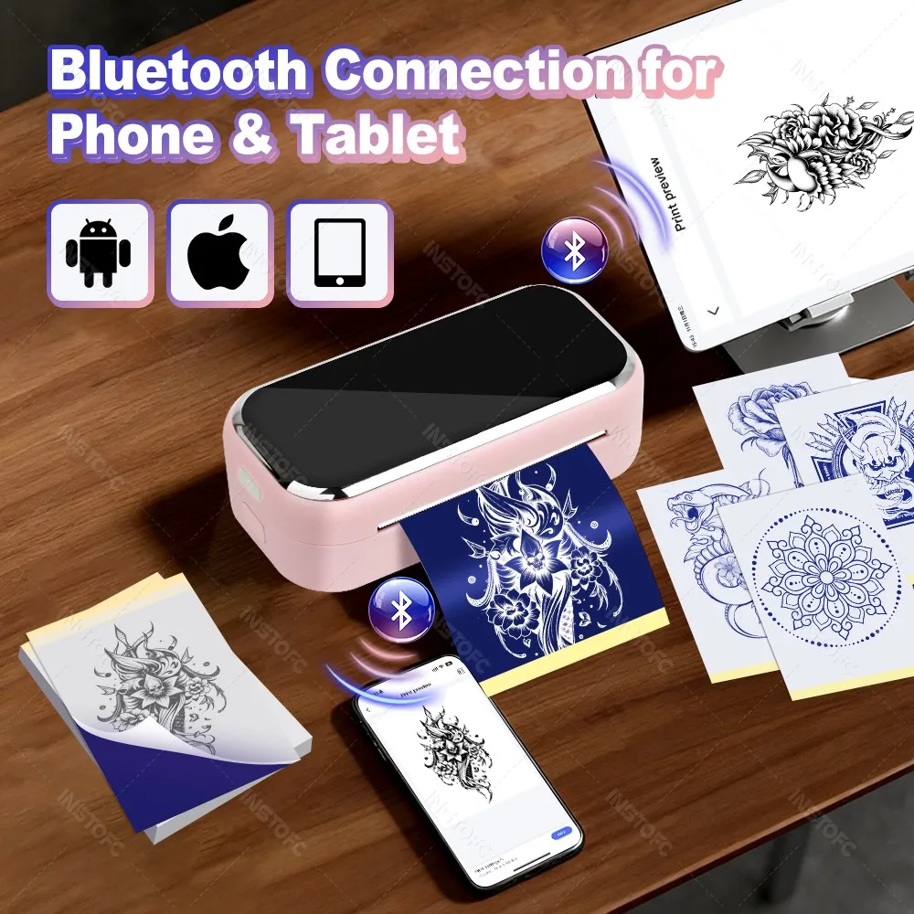 80mm Tattoo Stencil Printer Thermal Tattoo Printer with 3inch Transfer Paper Wireless Bluetooth Mini Portable Printer DIY Artist