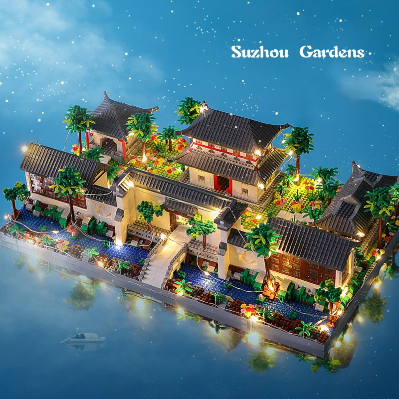 Lezi Architecture Ancient Pavilion Temple Tower Lake Garden Gate LED Light Model Mini Diamond Blocks Bricks Building Toy building blocks