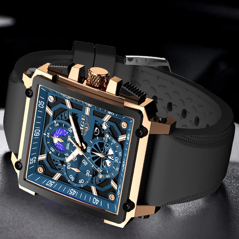 LIGE New Outdoor Sports Watches For Men Military Waterproof Men's Quartz Wristwatch Fashion Silicone Square Date Chronograph