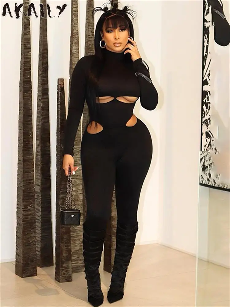 

Akaily Fashion Black Sexy Bodycon Jumpsuits Night Club Clothing For Woman 2023 Sexy Hollow Out Turtleneck Long Sleeve Jumpsuits