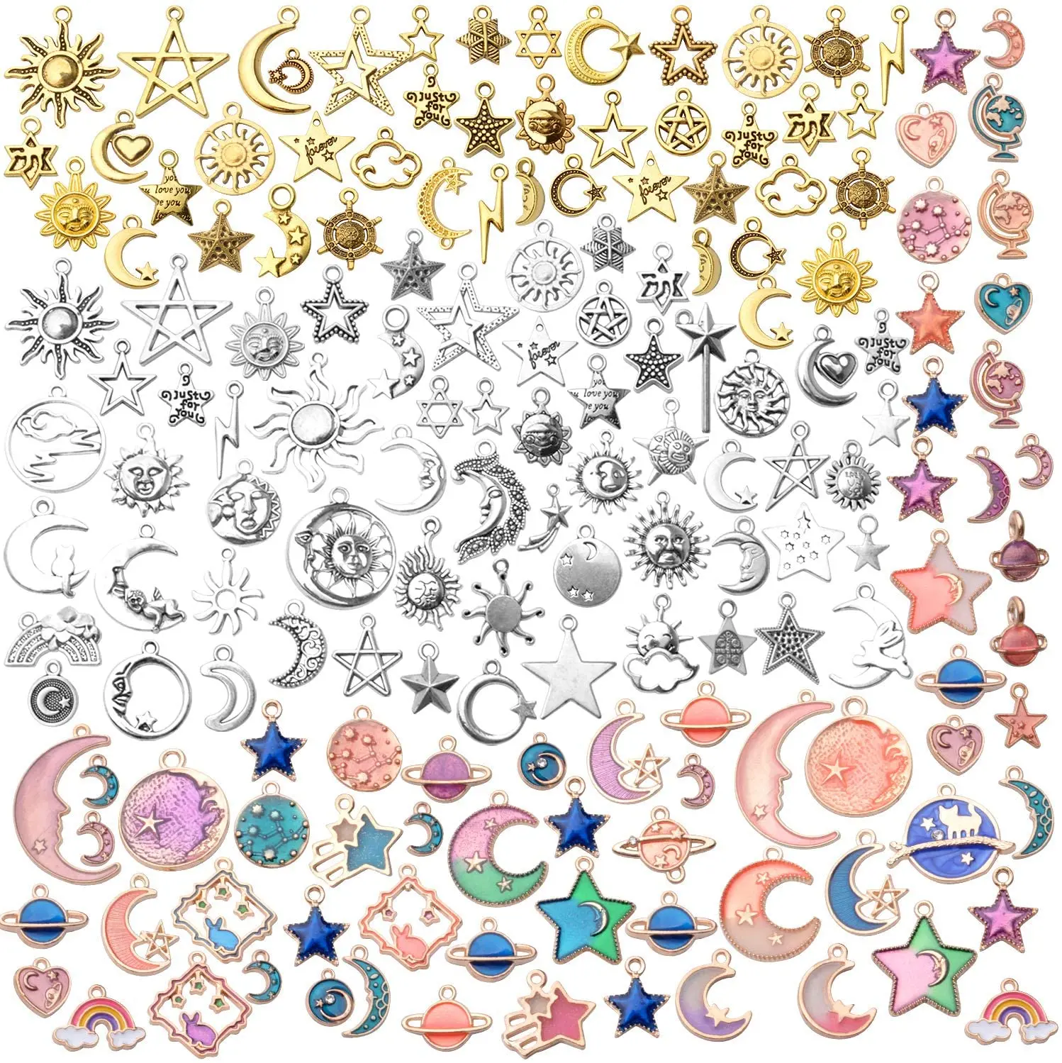 

170pcs Jewelry Celestial Charm, Assorted Gold Plated Enamel Moon Star Cat Charms, Mixed Styles Alloy Sun Moon Star Charms