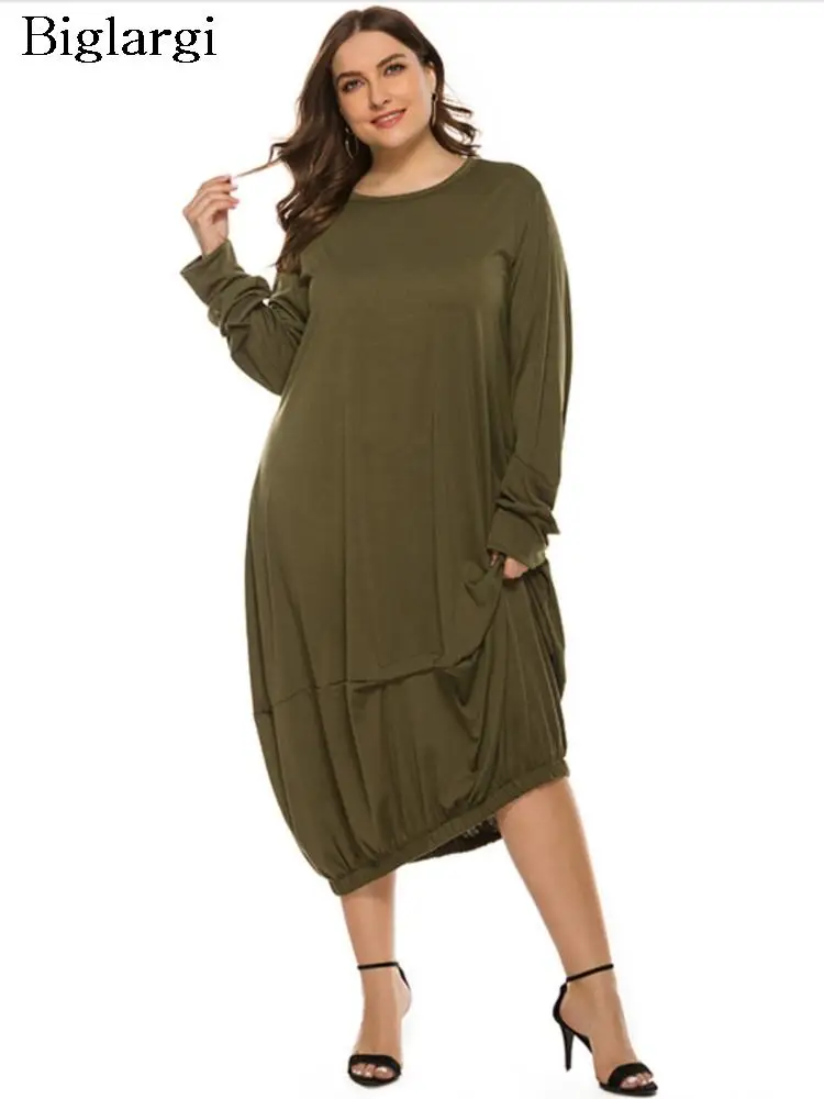 

Plus Size Autumn Loose Pullover Midi Dress Women Modis Pleated Ladies Dresses Casual Long Sleeve Woman Dress 2023 Vestido Mujer