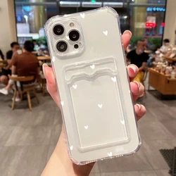 Elegant Black & White Love Heart Clear Phone Case with Wallet and Card Holder for iPhone 15 Plus (1)