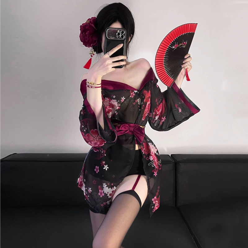 Sexy Japanese Kimono Pajamas Dress Lingerie See Through Seducing Temptation Uniform Private Performance Anime Copslay Halloween