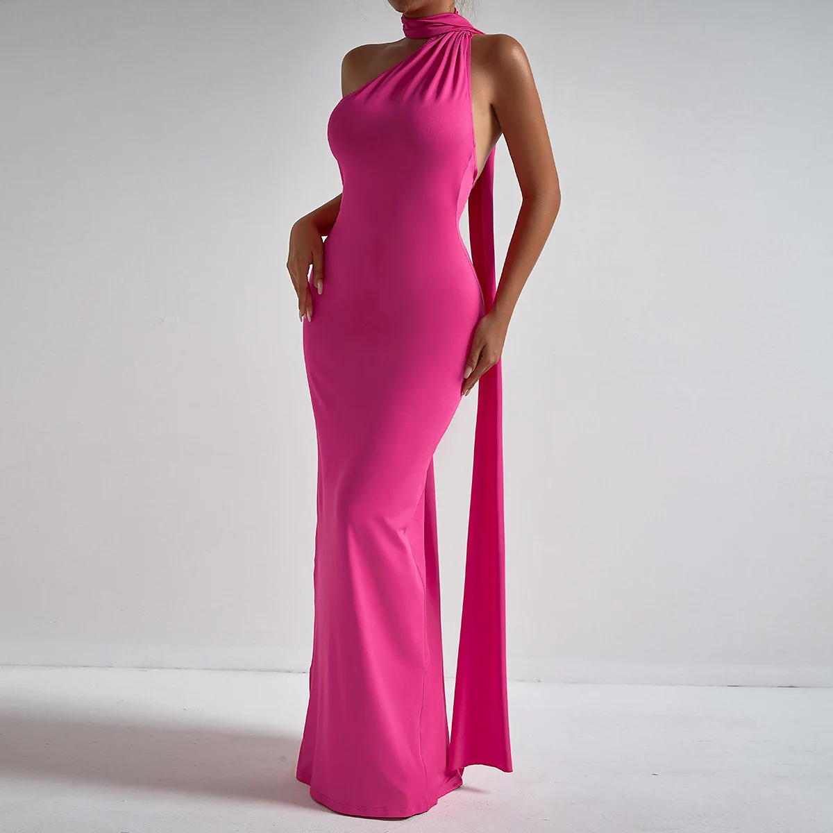 Sexy Dress Elegant Glossy Coating Backless Lace up Swing Collar Slim Fit Sheath Mop Dress