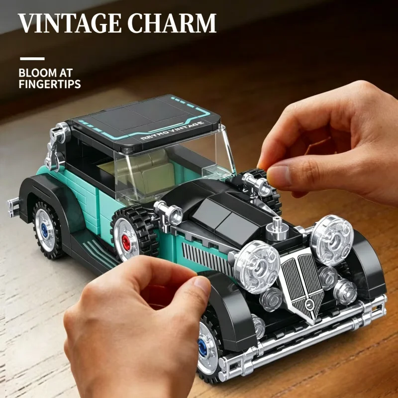 K2262 340PCS 빈티지 자동차 모델 빌딩 블록 세트 (베이스 스탠드 포함) 레트로 클래식 자동차 브릭 수집용 빈티지 자동차 모델 키트