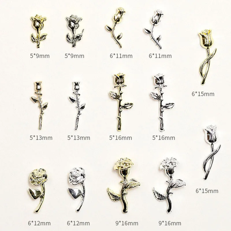 

10PCS/PACK Gold Silver Metal Rose Rhinestone Japanese Style Luxury 3D Strass Ongle UV Gel Polish Manicure Accessories Nail Tips