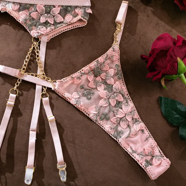 Embroidered Flower Lingerie Three Piece Set 4