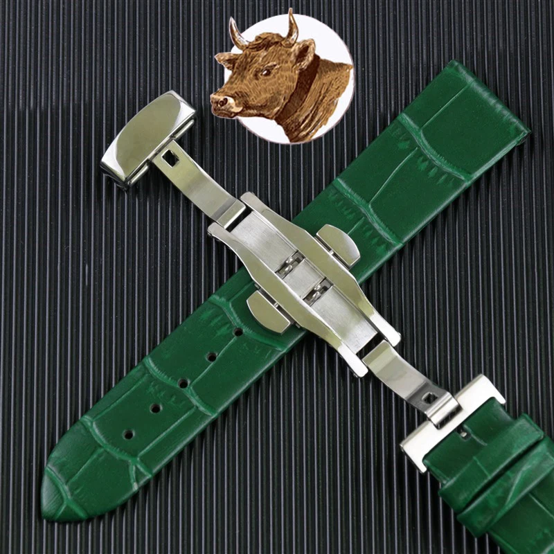 

Real Animal Skin Watch Band with Automatic Butterfly Buckle Full Grain Leather Bracelet Accessories Top Quality Watch Strap