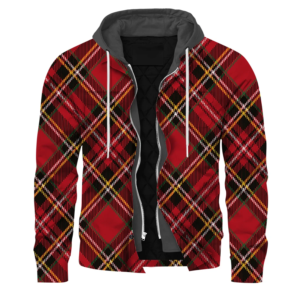

HX Fashion Men's Jacket Red Plaid Striped 3D Printed Long Sleeve Hoodies Autumn Winter Keep Warm Coats S-5XL Men Clothing