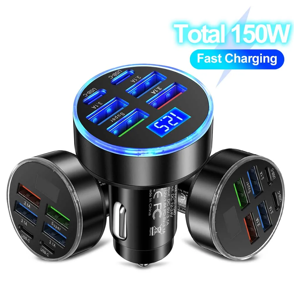 Total 150W USB C Car mobile phone Charger Adapter 4USB+2PD Super Fast Charge with Voltage Monitor for iPhone Samsung