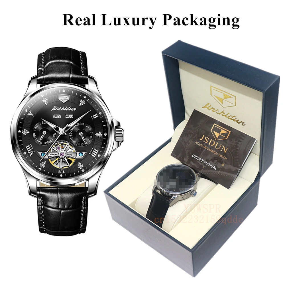 JSDUN Luxury Automatic Mechanical Watches for Business Men Chronograph Auto Date Leather Strap Waterproof Luminous Clock 8926