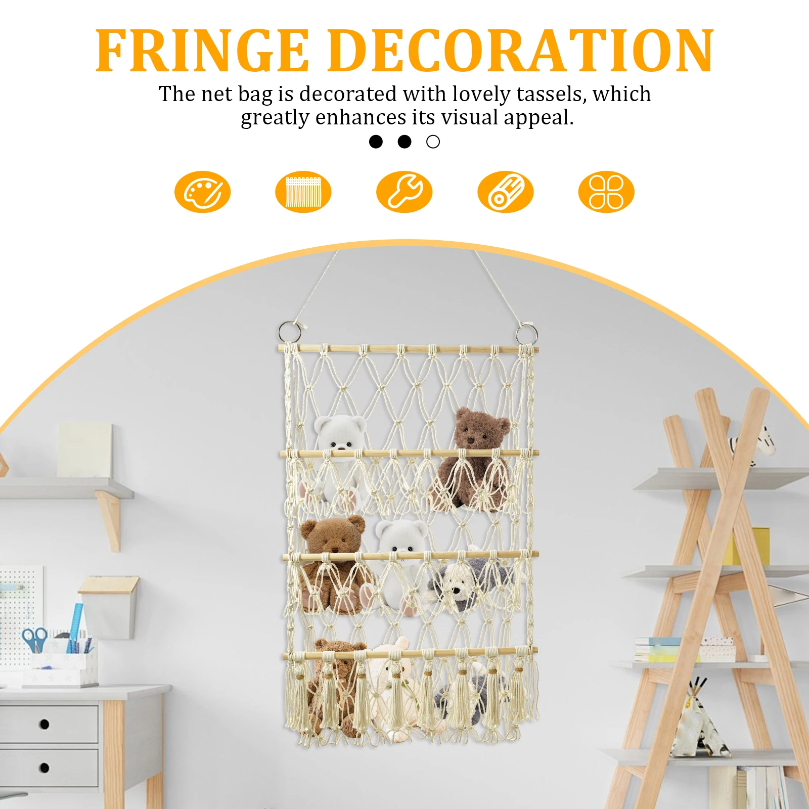 Stuffed Toy Storage Rack Handmade Woven Cotton Rope Decoration Wall Hanging Organizer Multi-layer Simple Hammock Storage Net Bag - 2