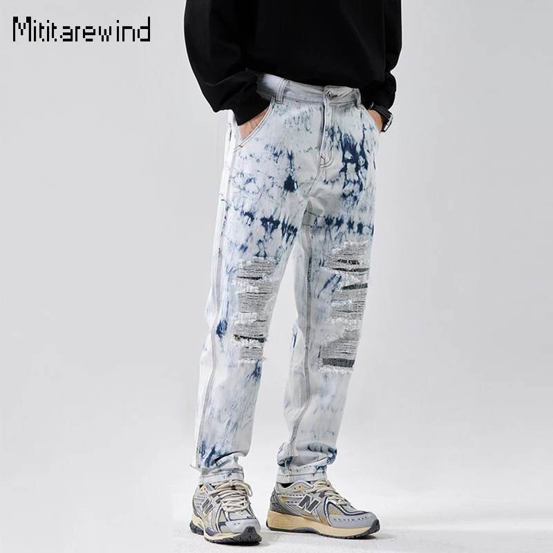 

Новые мужские мешковатые джинсы Tie-dye, повседневные рваные джинсы в стиле High Street, Прямые хлопковые джинсы со средней талией, молодежные модные брюки Amekaji Y2k