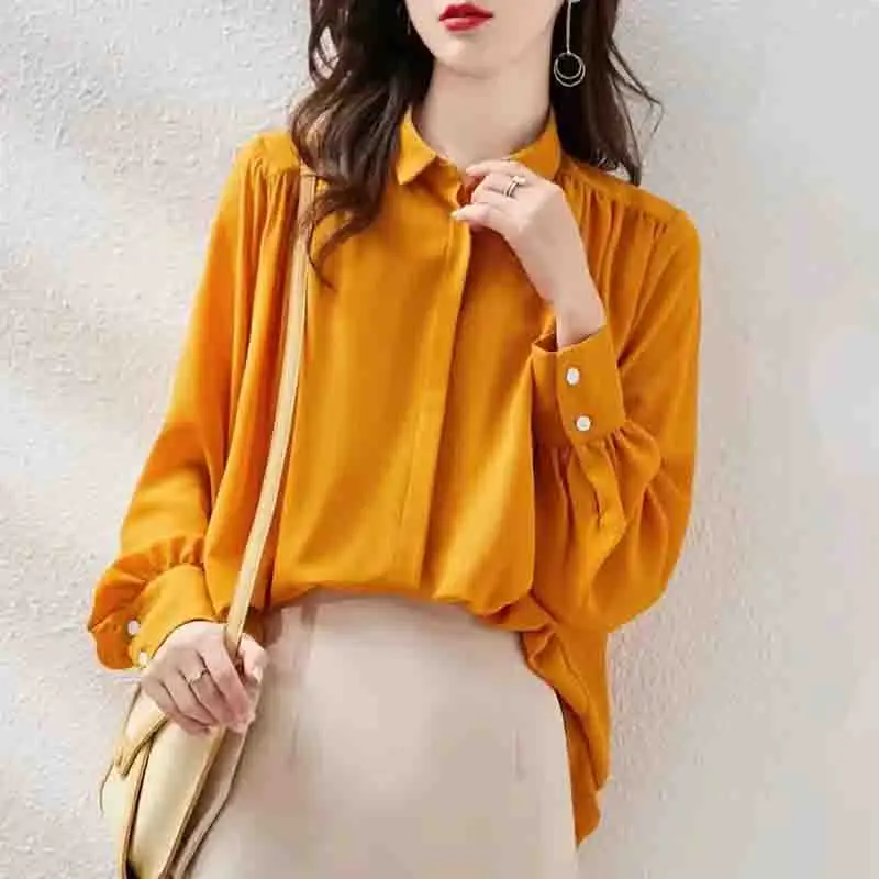

Гонконгский ветрозащитный женский Новый Универсальный однотонный шифоновый кардиган блузка 2024 Женская модная шифоновая рубашка с рукавами-фонариками пальто