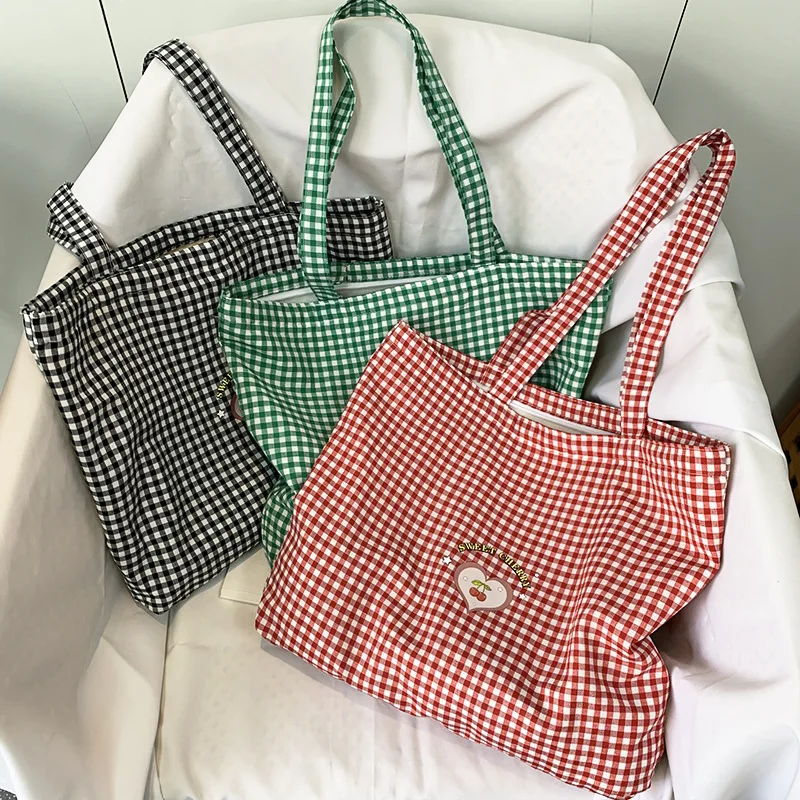 Retro Plaid Frauen tragbare Einkaufstaschen Öko wieder verwendbare weibliche Baumwolle Einkaufstasche College Girls Buch Handtaschen mit Reiß verschluss