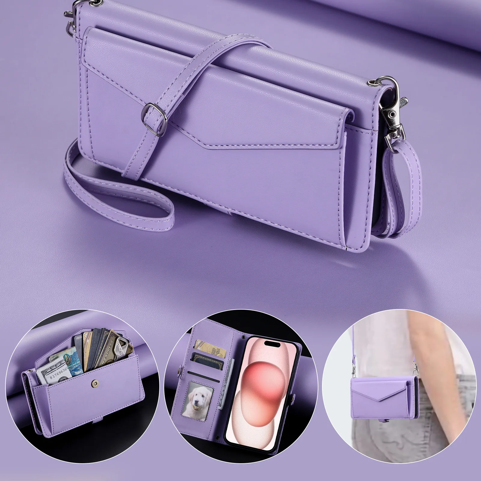 Leather Crossbody Flip Case with Lanyard and 3-Card Wallet Holder