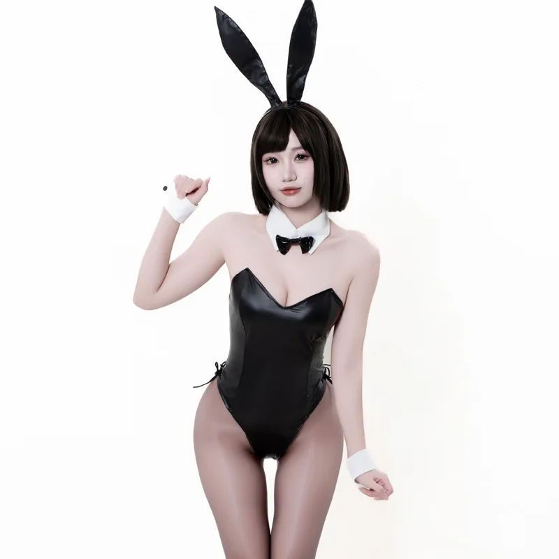 Sexy Bunny Girl Costume - Faux Leather Bodysuit with Tie Headband Set
