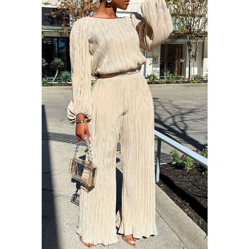 

Casual Loose Pleated Two Piece Sets Women 2023 Autumn Soild High Strecth Long Sleeve Crew Neck Top Straight Pants Lounge Wear