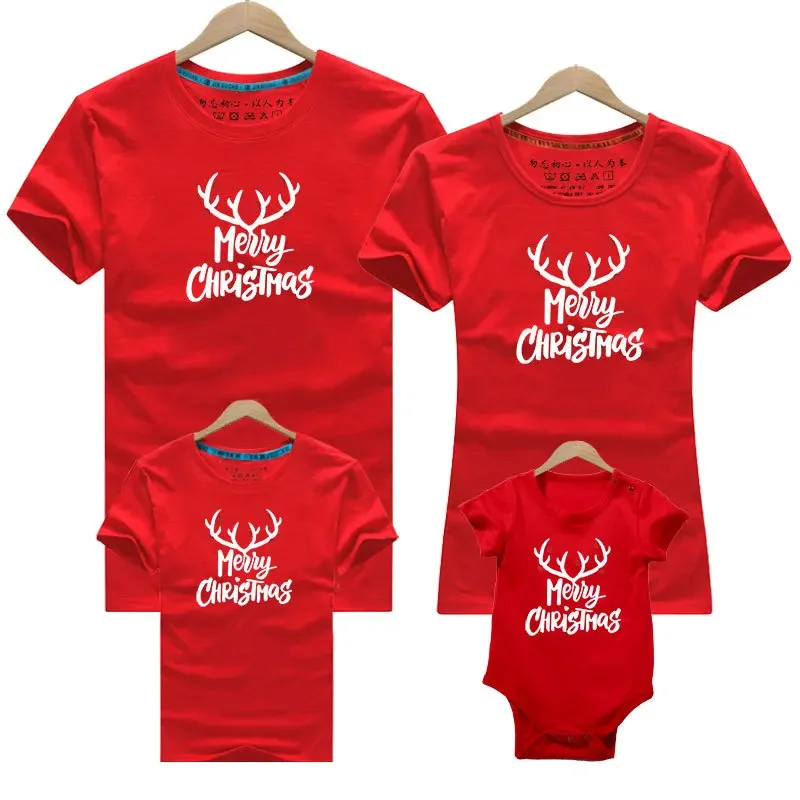 

Christmas Family Matching Deer T-shirts Summer Style English Deer Head Cotton Parent-child Outfits