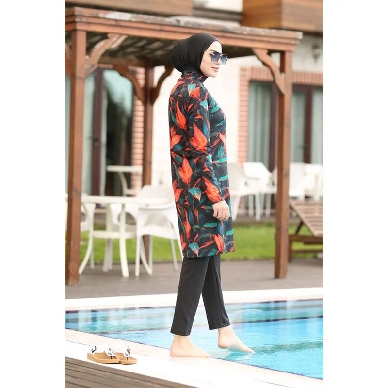 Women Muslim Swimwear Maple Leaf Printing Lslamic Clothes Hijab 3 Pcs Long Sleeves Sport Swimsuit Burkinis Bathing Suit Abaya