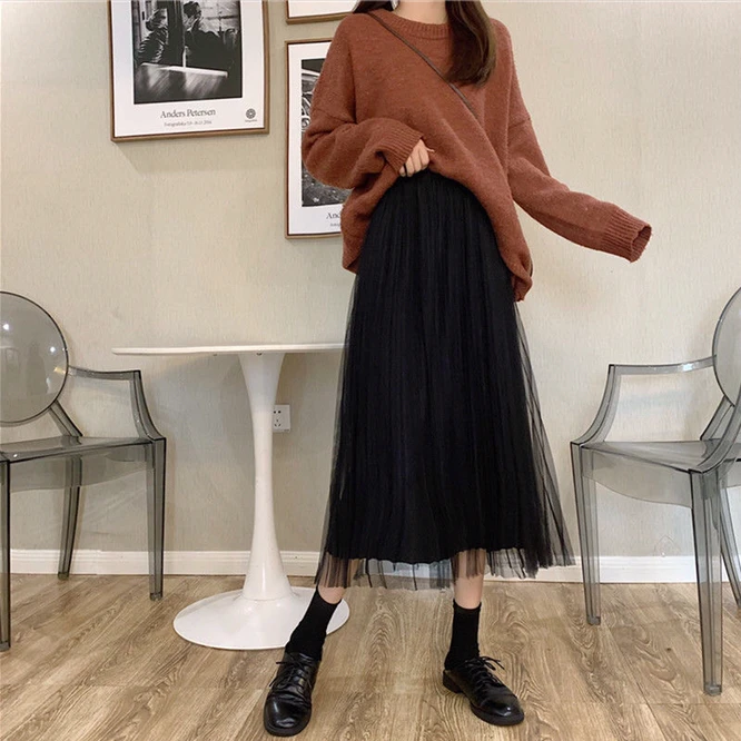 2021 Autumn Winter Woman Pleated Skirt New Mesh Double Side A-line Skirt Mid Length Skirt Versatile High Waist Slim Girl Black nike tennis skirt