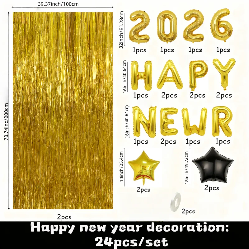 24-delige 2026 nieuwjaarsfeest folieballonset, gouden regengordijn met gelukkig nieuwjaar folieballonnen, perfect voor 2026 nieuwjaarsfeest, familiebijeenkomst, oudejaarsavondviering nachtdecoratie ballonnen