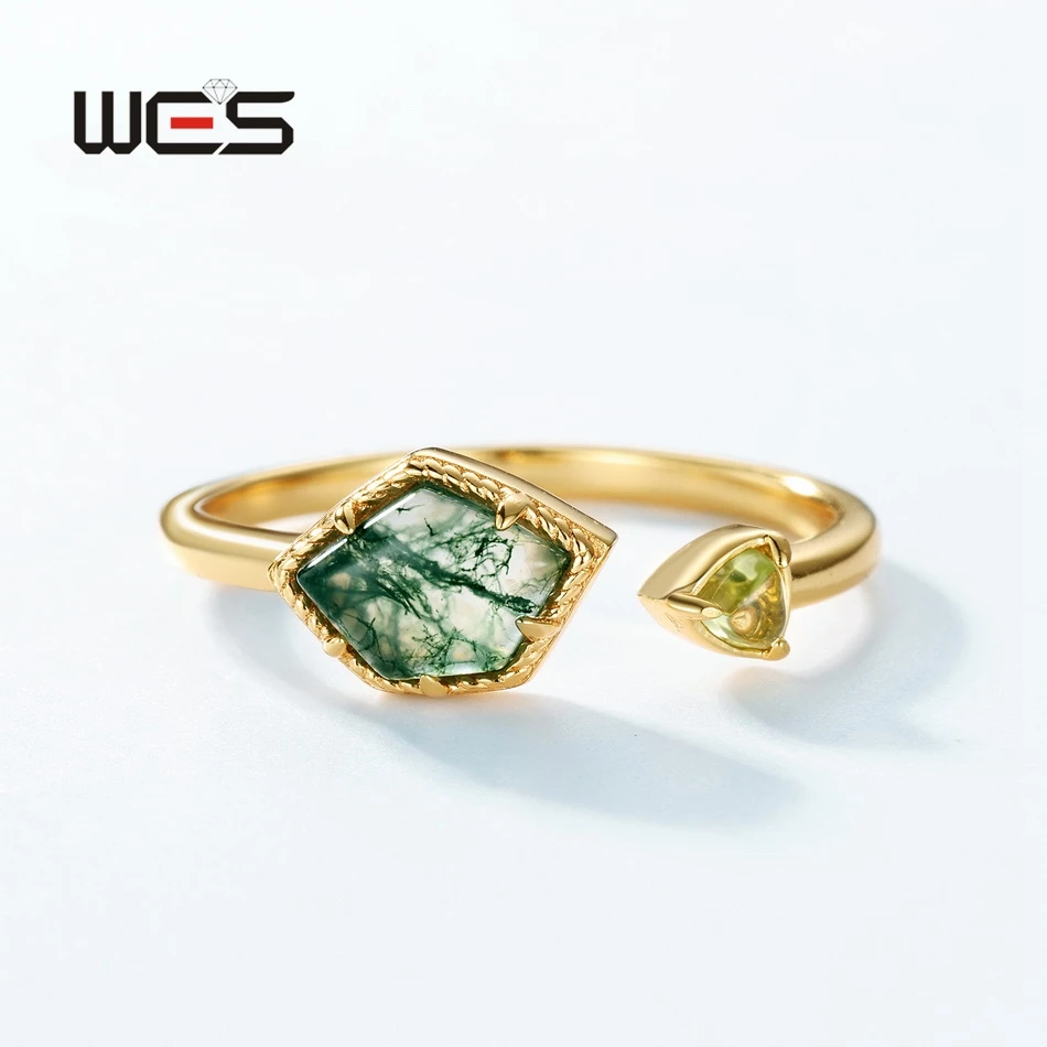 WES 925 Sterling Silver Natural 5*7mm Moss Agate Adjustable Rings for Women Geometirc Gold Plated Wholesale Trendy Gifts Jewelry
