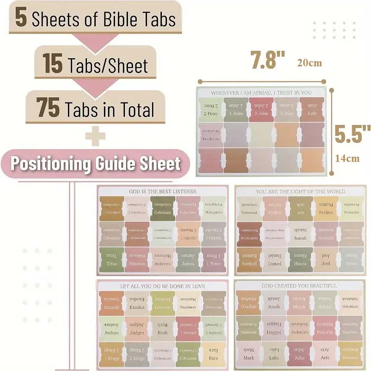 5pcs/75Tabs Boho Theme Laminated Bible Tabs – Colorful Index Tabs for Bible Study, Scripture Organization, and Easy Navigation