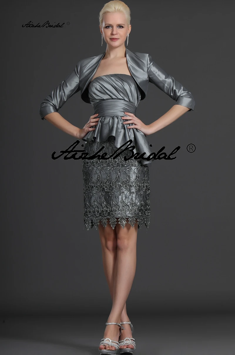 

Custom Made Elegant Gray Taffeta Mother Of The Bride Dresses with Half Sleeve Jacket Mother‘s Formal Gowns