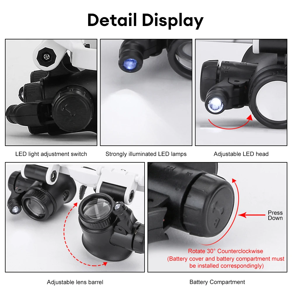 For Electronics Watch Repair Dual-Lens Eye Loupe Magnifier Head Mount  Magnifying Glass 8x 15x 23x LED Lights Glasses Magnifier - AliExpress
