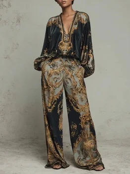 Retro Pattern Printed 2 Pieces Set for Woman Sexy Deep V Neck Top Blouses Elegant Outfit 2026 Spring Fall Wide Leg Trousers Suit 1