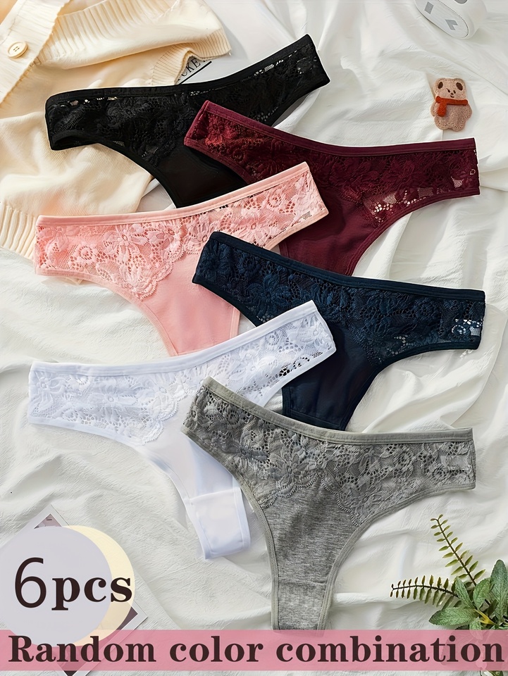 Randomly selected 6 pairs of mixed-color lace patchwork sexy thongs, comfortable and simple cotton women's underwear