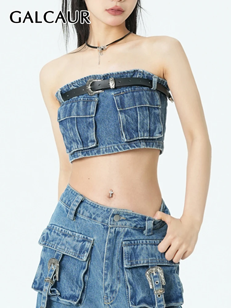 

GALCAUR Y2K Denim Backless Tank Tops With Belt Strapless Sleeveless Off Shoulder Slim Solid Spliced Pockets Summer Vest Female