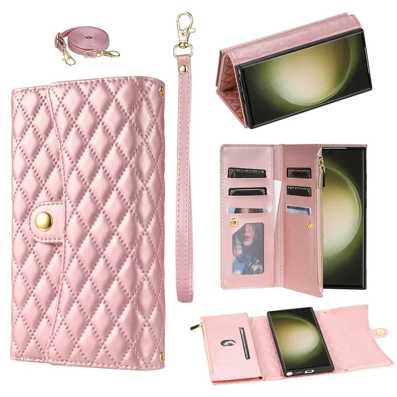 Crossbody Leather Zip Wallet Phone Case with Wrist Strap and Flip Cover