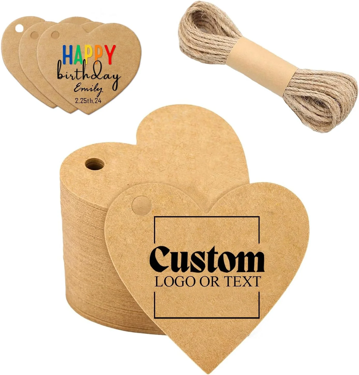 Heart Tags with String,Personalized Kraft Heart Tags,Heart Shaped Hang Tags,Present Tags, Gift Tags for Birthday