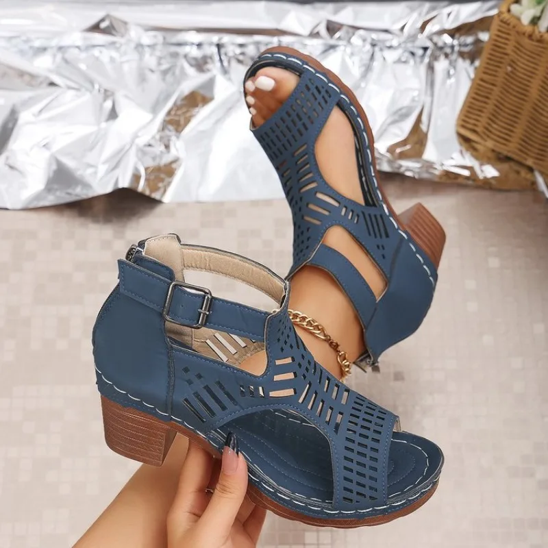 New Women's Non Slip Summer Sandals with Open Toe Zipper Closure, Polyester Upper Layer Party Shoes, Platform Heel Sandals
