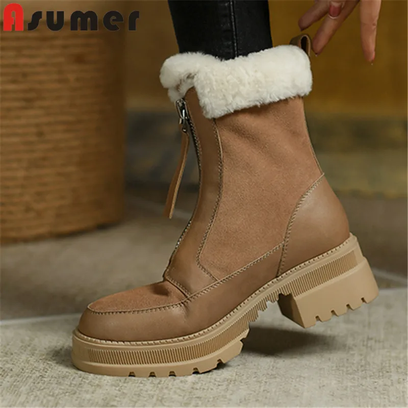 

Asumer 2024 New Arrive Thick Med Heels Platform Snow Boots Kid Suede Wool Winter Boots Zipper Ladies Ankle Boots