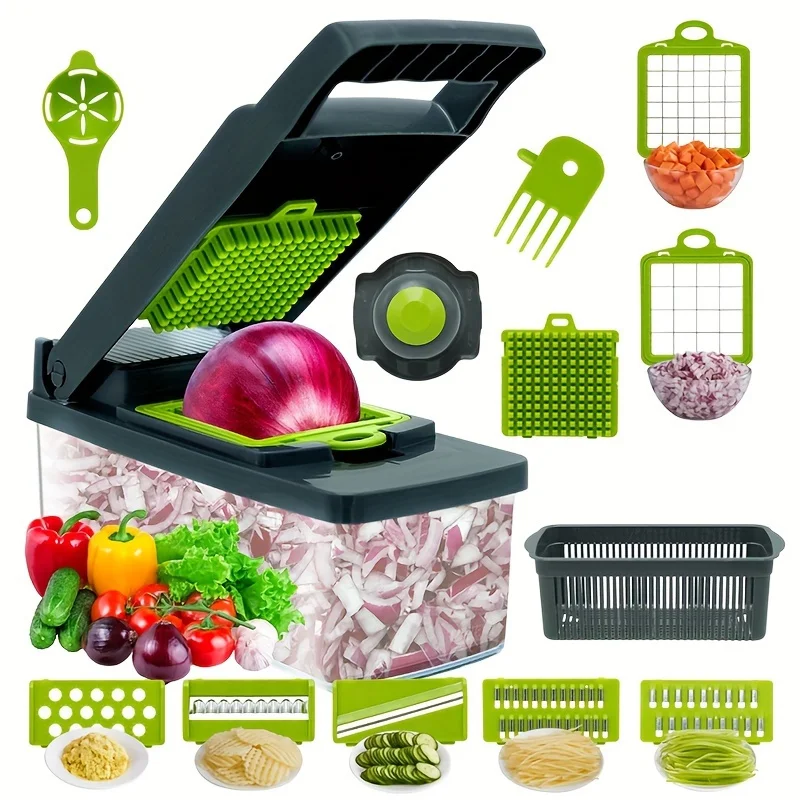 

14pcs/Set, Vegetable Chopper, Multifunctional Fruit Slicer, Manual Food Grater, Vegetable Slicer, Cutter With Container, Onion M