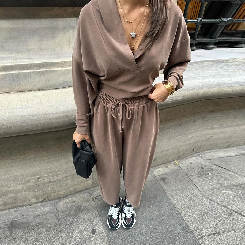 

Elegant V Neck Long Sleeve Hooded Pullover+Tie-Up Trousers Suit Fashion Simple Solid Color 2pc Set New Women Loose Tracksuit Set