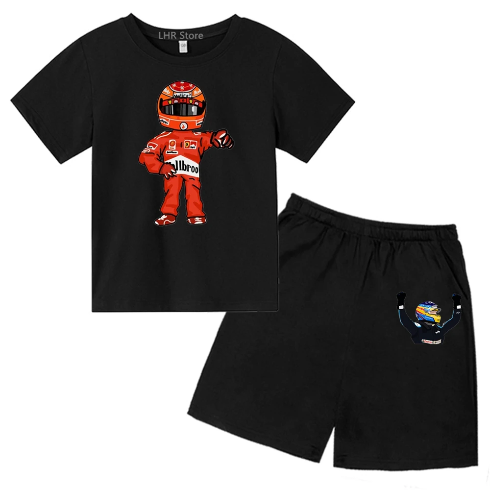 

F1 Racing suit Children's Sports T-shirt Print Boys and Girls Top Pattern Summer Casual Street Fashion Short Sleeve Set