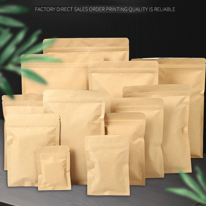 Kraftpapier mit flachem Boden, Aluminiumfolie im Inneren, Reißverschluss, Heißsiegel-Verpackungsbeutel, Lebensmittel, Kaffeebohnen, Snacks, Geschenkverpackungsbeutel
