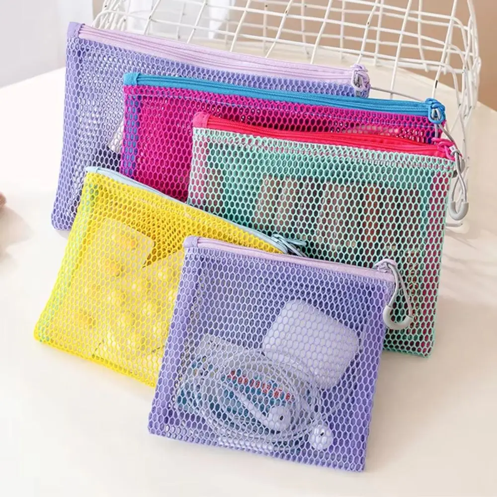 Ultra Light Mesh Storage Bag Visible Double Layered Portable Coin Purse with Handle Foldable Cosmetic Pockets Desk Organizing