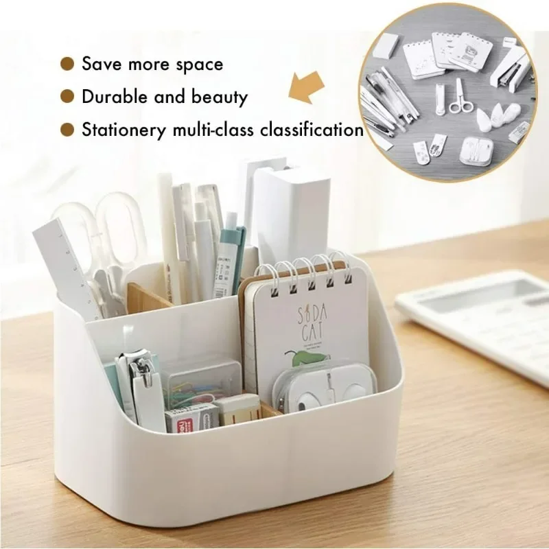 Organizer da scrivania, organizer e accessori per ufficio, porta pennelli per trucco, porta telecomandi con divisorio mobile in legno - immagine 3