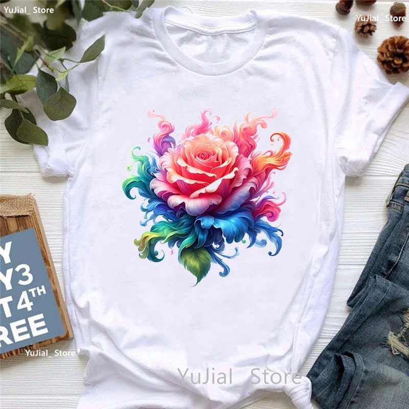 Bunte Rauch blume gedruckt T-Shirt T-Shirt Damen bekleidung Sommer mode Kurzarm T-Shirt Femme lässig weiß T-Shirt – Detail 8